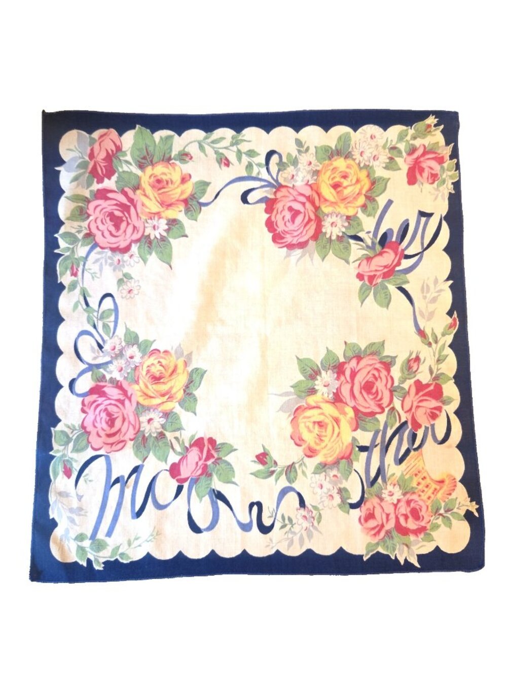 Vintage MOTHER Hanky Handkerchief Pink Yellow Flowers Blue Ribbon